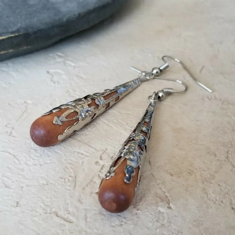 Hand Crafted Victorian Style Brown Wood Silver Filigree Teardrop Earrings - Picture 3 of 7